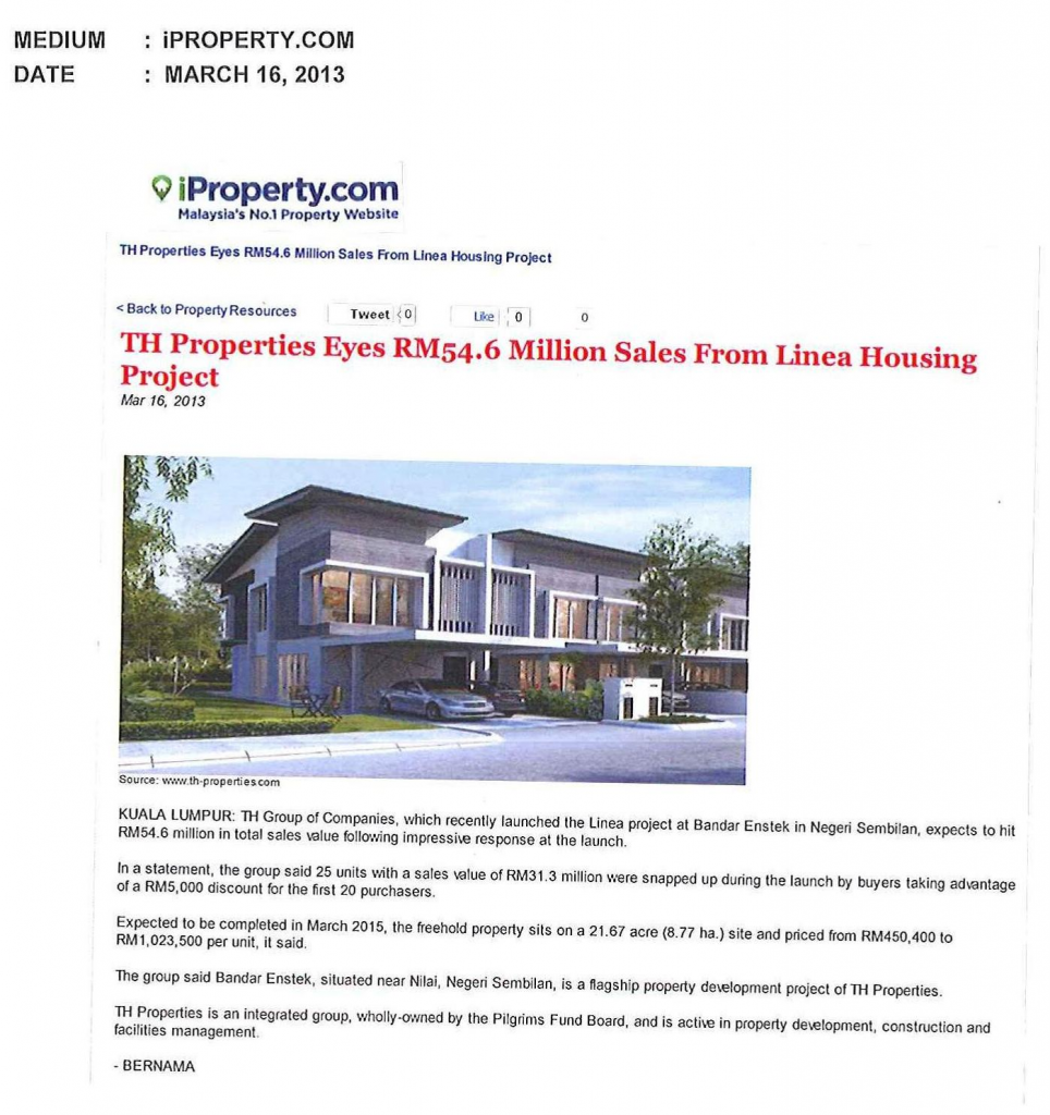 TH Properties eyes RM54.6m sales from Linea housing project TH Properties